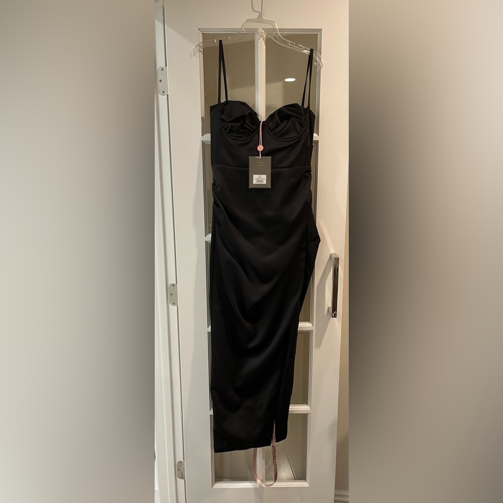 HOUSE OF CB Flora Black Satin Pleated Corset Midi Dress Medium NEW With tags